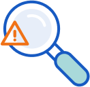 Icon of a magnifying glass with a warning symbol.